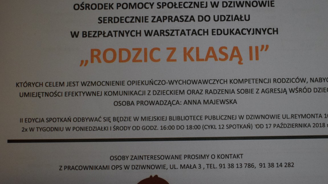 Drodzy rodzice Ośrodek Pomocy  Społecznej w Dziwnowie serdecznie zaprasza do udziału w bezpłatnych warsztatach edukacyjnych “RODZIC Z KLASĄ II” do Biblioteki w Dziwnowie.